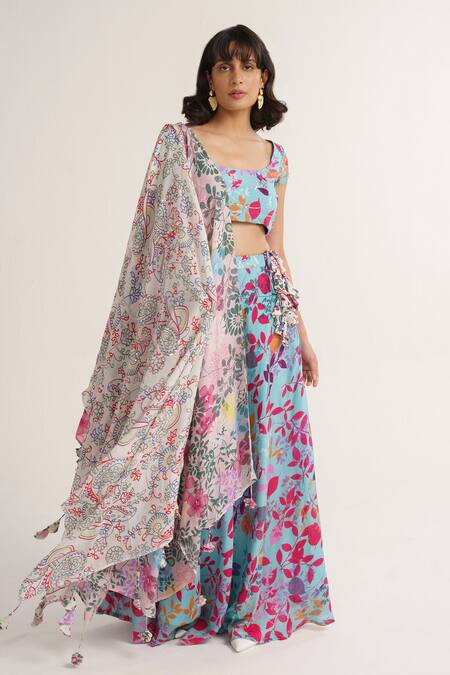 Vishala Shree Blue Crepe, Silk Sequins, Embroidery Scoop Geranium Floral Print Lehenga Set Online at Aza Fashions Vishala Shree_Blue Crepe, Silk Sequins, Embroidery Scoop Geranium Floral Print Lehenga Set_Online_at_Aza_Fashions