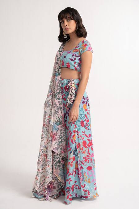 Shop Vishala Shree Blue Crepe, Silk Sequins, Embroidery Scoop Geranium Floral Print Lehenga Set Online at Aza Fashions Shop_Vishala Shree_Blue Crepe, Silk Sequins, Embroidery Scoop Geranium Floral Print Lehenga Set_Online_at_Aza_Fashions
