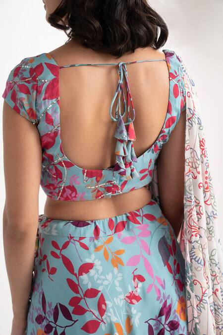 Buy Vishala Shree Blue Crepe, Silk Sequins, Embroidery Scoop Geranium Floral Print Lehenga Set Buy_Vishala Shree_Blue Crepe, Silk Sequins, Embroidery Scoop Geranium Floral Print Lehenga Set