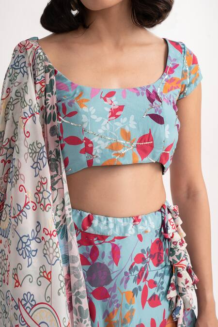Shop Vishala Shree Blue Crepe, Silk Sequins, Embroidery Scoop Geranium Floral Print Lehenga Set Shop_Vishala Shree_Blue Crepe, Silk Sequins, Embroidery Scoop Geranium Floral Print Lehenga Set