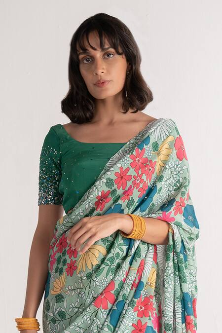 Vishala Shree Green Crepe, Silk Sequins Scoop Neck Angelica Floral Print Saree With Blouse Online at Aza Fashions Vishala Shree_Green Crepe, Silk Sequins Scoop Neck Angelica Floral Print Saree With Blouse_Online_at_Aza_Fashions