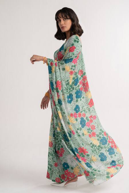 Buy Vishala Shree Green Crepe, Silk Sequins Scoop Neck Angelica Floral Print Saree With Blouse Online at Aza Fashions Buy_Vishala Shree_Green Crepe, Silk Sequins Scoop Neck Angelica Floral Print Saree With Blouse_Online_at_Aza_Fashions