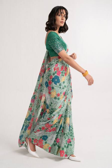 Shop Vishala Shree Green Crepe, Silk Sequins Scoop Neck Angelica Floral Print Saree With Blouse Online at Aza Fashions Shop_Vishala Shree_Green Crepe, Silk Sequins Scoop Neck Angelica Floral Print Saree With Blouse_Online_at_Aza_Fashions