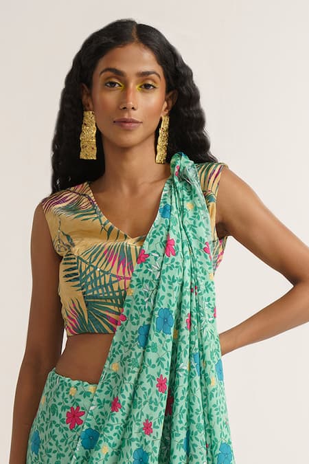 Vishala Shree_Green Crepe, Silk Sequins, Hellebores Floral Garden Print Saree Wit Blouse_Online_at_Aza_Fashions