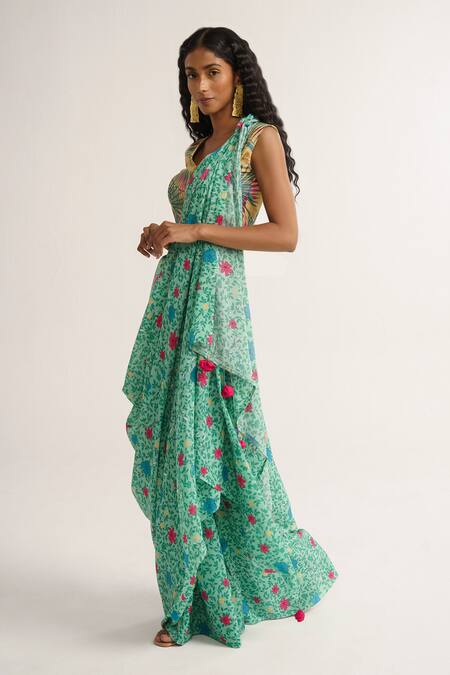Buy_Vishala Shree_Green Crepe, Silk Sequins, Hellebores Floral Garden Print Saree Wit Blouse_Online_at_Aza_Fashions