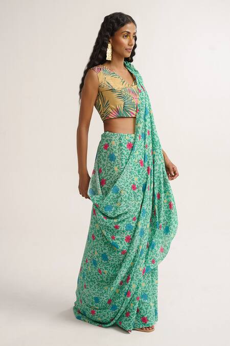 Shop_Vishala Shree_Green Crepe, Silk Sequins, Hellebores Floral Garden Print Saree Wit Blouse_Online_at_Aza_Fashions