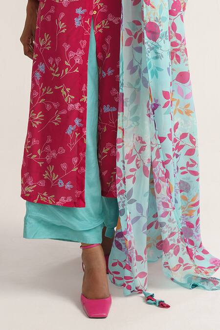 Shop Vishala Shree Pink Crepe, Silk, Chiffon Sequins Round Neck Periwinkle Print Kurta Pant Set Online at Aza Fashions Shop_Vishala Shree_Pink Crepe, Silk, Chiffon Sequins Round Neck Periwinkle Print Kurta Pant Set_Online_at_Aza_Fashions