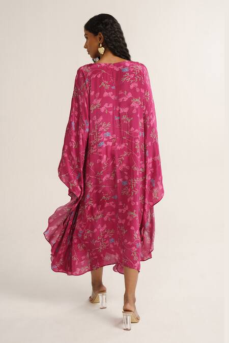 Shop Vishala Shree Pink Crepe Silk Print Primrose Round Neck Kaftan at Aza Fashions Shop_Vishala Shree_Pink Crepe Silk Print Primrose Round Neck Kaftan_at_Aza_Fashions