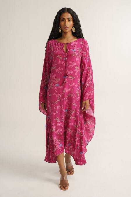 Vishala Shree Pink Crepe Silk Print Primrose Round Neck Kaftan Online at Aza Fashions Vishala Shree_Pink Crepe Silk Print Primrose Round Neck Kaftan_Online_at_Aza_Fashions