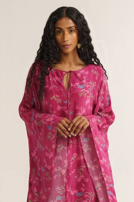 Buy Vishala Shree Pink Crepe Silk Print Primrose Round Neck Kaftan Online at Aza Fashions Buy_Vishala Shree_Pink Crepe Silk Print Primrose Round Neck Kaftan_Online_at_Aza_Fashions