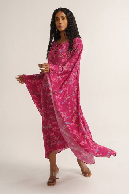 Shop Vishala Shree Pink Crepe Silk Print Primrose Round Neck Kaftan Online at Aza Fashions Shop_Vishala Shree_Pink Crepe Silk Print Primrose Round Neck Kaftan_Online_at_Aza_Fashions