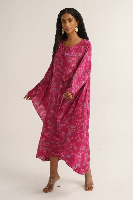 Vishala Shree Pink Crepe Silk Print Primrose Round Neck Kaftan at Aza Fashions Vishala Shree_Pink Crepe Silk Print Primrose Round Neck Kaftan_at_Aza_Fashions