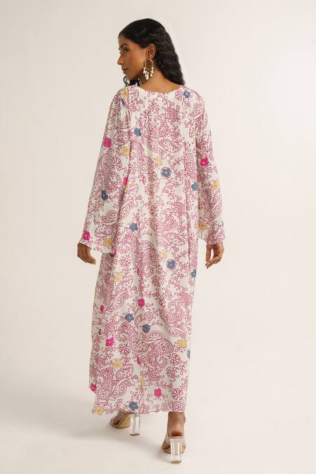 Shop Vishala Shree White Crepe Silk Print Abstract Floral V Tie-up Daisy Dress at Aza Fashions Shop_Vishala Shree_White Crepe Silk Print Abstract Floral V Tie-up Daisy Dress_at_Aza_Fashions