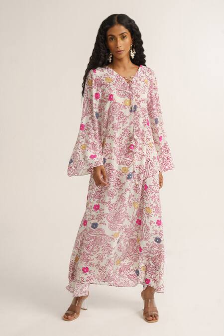 Buy Vishala Shree White Crepe Silk Print Abstract Floral V Tie-up Daisy Dress Online at Aza Fashions Buy_Vishala Shree_White Crepe Silk Print Abstract Floral V Tie-up Daisy Dress_Online_at_Aza_Fashions