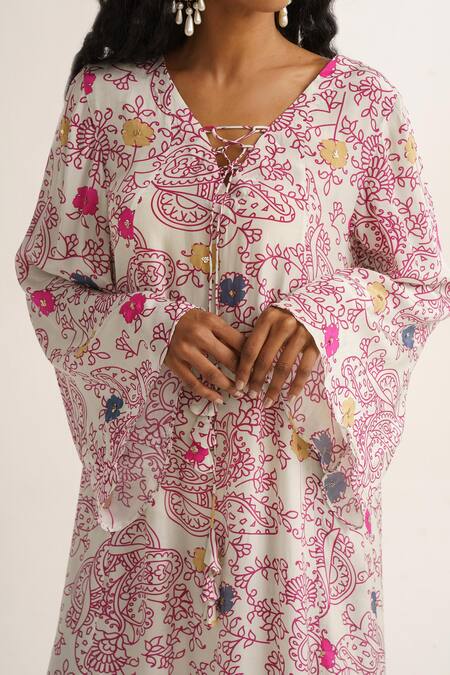 Shop Vishala Shree White Crepe Silk Print Abstract Floral V Tie-up Daisy Dress Online at Aza Fashions Shop_Vishala Shree_White Crepe Silk Print Abstract Floral V Tie-up Daisy Dress_Online_at_Aza_Fashions