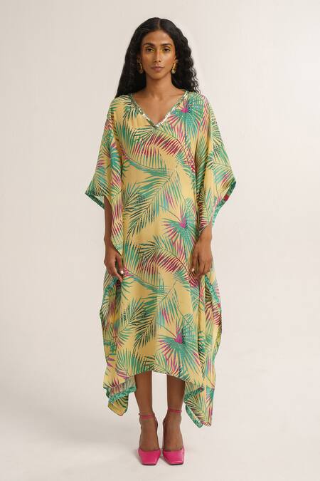 Vishala Shree_Yellow Crepe, Silk Sequins V-neck Chrysanthemum Print Kaftan_Online_at_Aza_Fashions