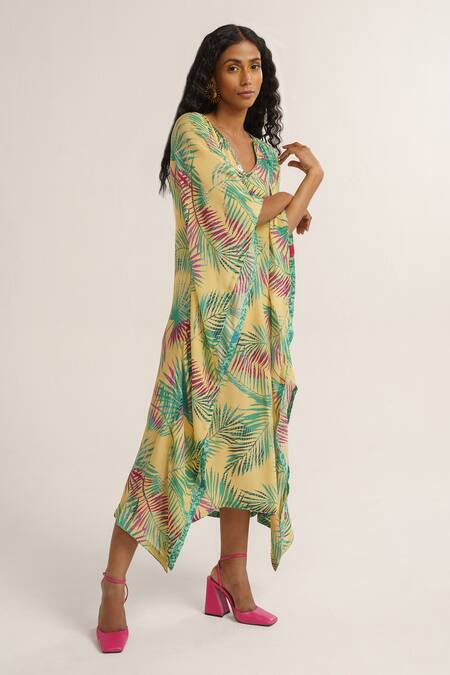 Buy_Vishala Shree_Yellow Crepe, Silk Sequins V-neck Chrysanthemum Print Kaftan_Online_at_Aza_Fashions