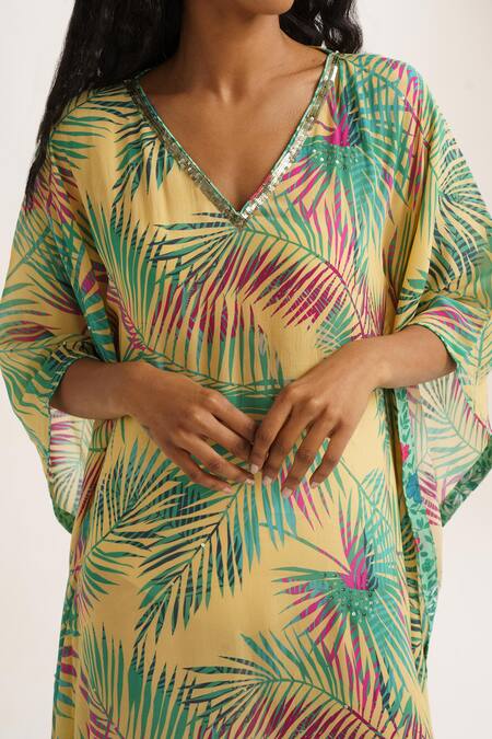 Shop_Vishala Shree_Yellow Crepe, Silk Sequins V-neck Chrysanthemum Print Kaftan_Online_at_Aza_Fashions