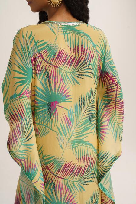 Vishala Shree_Yellow Crepe, Silk Sequins V-neck Chrysanthemum Print Kaftan_at_Aza_Fashions