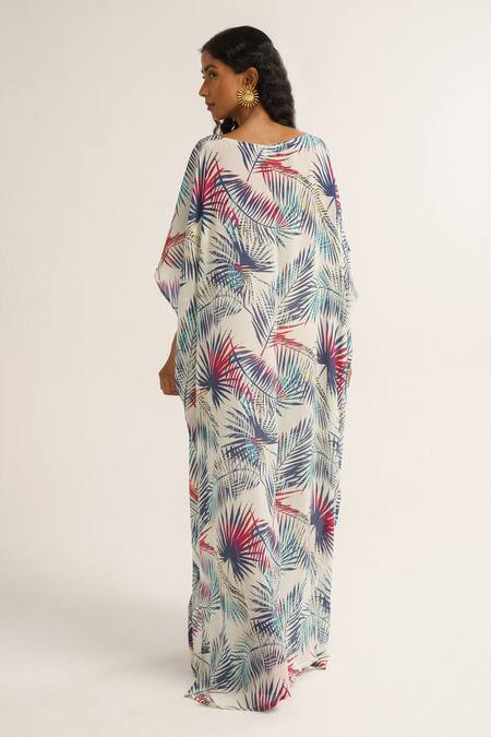 Shop Vishala Shree White Crepe Silk Print Tropical Scoop Neck Squill Kaftan at Aza Fashions Shop_Vishala Shree_White Crepe Silk Print Tropical Scoop Neck Squill Kaftan_at_Aza_Fashions