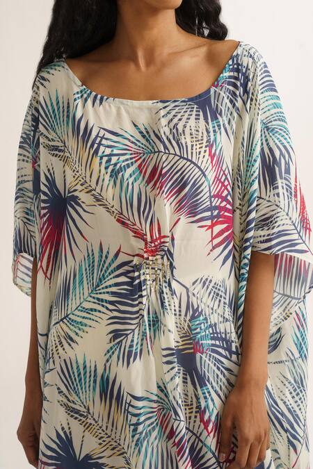 Shop Vishala Shree White Crepe Silk Print Tropical Scoop Neck Squill Kaftan Online at Aza Fashions Shop_Vishala Shree_White Crepe Silk Print Tropical Scoop Neck Squill Kaftan_Online_at_Aza_Fashions