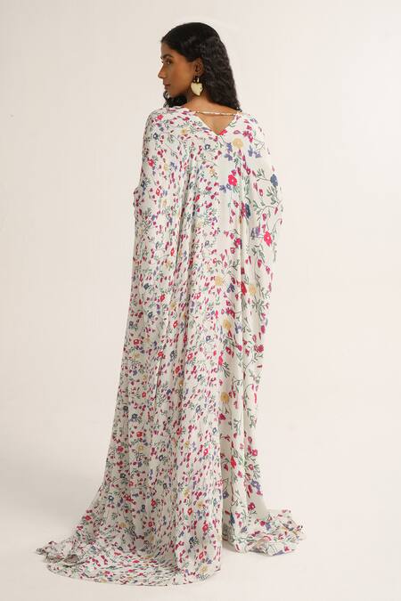 Shop Vishala Shree White Crepe Silk Print Floral V Neck Calandiva Cape at Aza Fashions Shop_Vishala Shree_White Crepe Silk Print Floral V Neck Calandiva Cape_at_Aza_Fashions