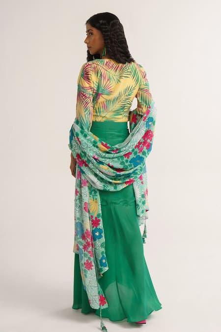 Shop Vishala Shree Yellow Crepe Silk Print Tropical V Neck Allamanda Top Skirt Set at Aza Fashions Shop_Vishala Shree_Yellow Crepe Silk Print Tropical V Neck Allamanda Top Skirt Set_at_Aza_Fashions