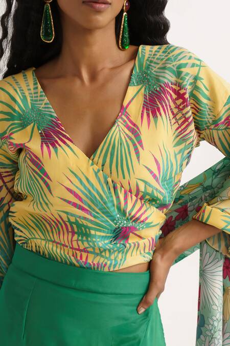 Vishala Shree Yellow Crepe Silk Print Tropical V Neck Allamanda Top Skirt Set at Aza Fashions Vishala Shree_Yellow Crepe Silk Print Tropical V Neck Allamanda Top Skirt Set_at_Aza_Fashions