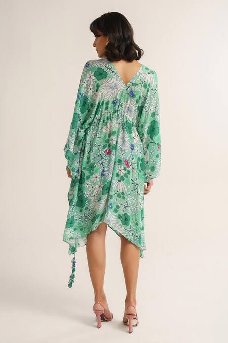 Shop_Vishala Shree_Green Crepe Silk Print Floral V Neck Gladiolus Kaftan_at_Aza_Fashions