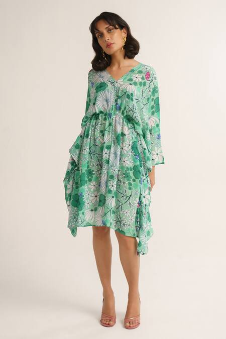 Vishala Shree_Green Crepe Silk Print Floral V Neck Gladiolus Kaftan_Online_at_Aza_Fashions