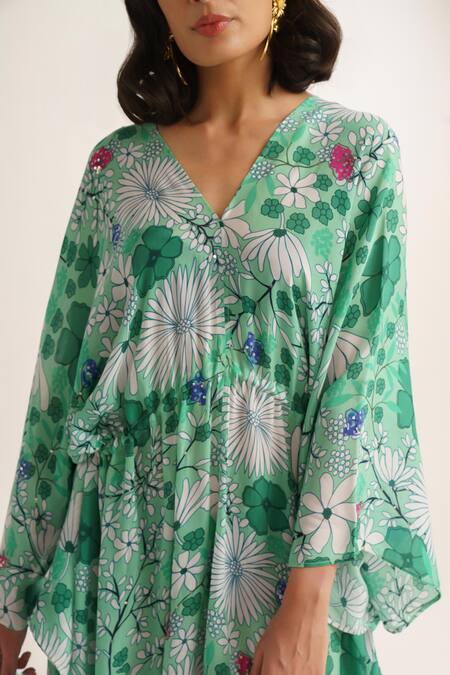 Shop_Vishala Shree_Green Crepe Silk Print Floral V Neck Gladiolus Kaftan_Online_at_Aza_Fashions
