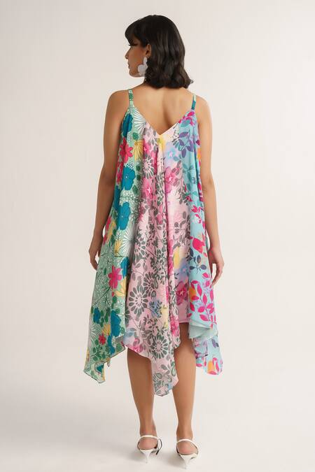 Shop Vishala Shree Multi Color Crepe, Silk V-neck Lotus Floral Garden Patch Print Dress at Aza Fashions Shop_Vishala Shree_Multi Color Crepe, Silk V-neck Lotus Floral Garden Patch Print Dress_at_Aza_Fashions