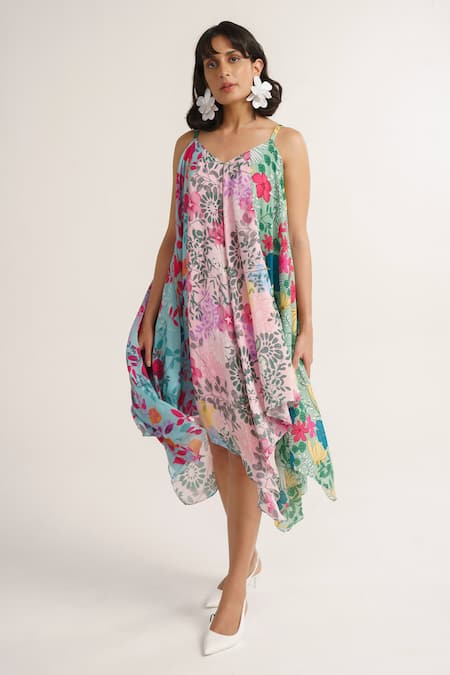 Vishala Shree Multi Color Crepe, Silk V-neck Lotus Floral Garden Patch Print Dress Online at Aza Fashions Vishala Shree_Multi Color Crepe, Silk V-neck Lotus Floral Garden Patch Print Dress_Online_at_Aza_Fashions