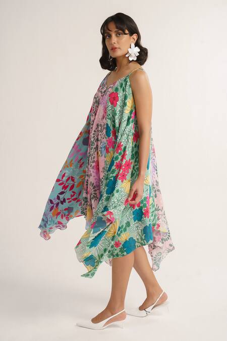 Buy Vishala Shree Multi Color Crepe, Silk V-neck Lotus Floral Garden Patch Print Dress Online at Aza Fashions Buy_Vishala Shree_Multi Color Crepe, Silk V-neck Lotus Floral Garden Patch Print Dress_Online_at_Aza_Fashions