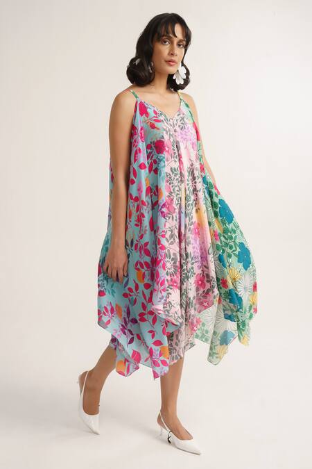 Shop Vishala Shree Multi Color Crepe, Silk V-neck Lotus Floral Garden Patch Print Dress Online at Aza Fashions Shop_Vishala Shree_Multi Color Crepe, Silk V-neck Lotus Floral Garden Patch Print Dress_Online_at_Aza_Fashions