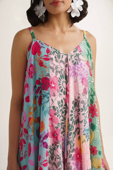 Vishala Shree Multi Color Crepe, Silk V-neck Lotus Floral Garden Patch Print Dress at Aza Fashions Vishala Shree_Multi Color Crepe, Silk V-neck Lotus Floral Garden Patch Print Dress_at_Aza_Fashions