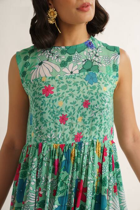 Vishala Shree_Green Crepe, Silk Round Neck Iris Floral Print Dress_at_Aza_Fashions