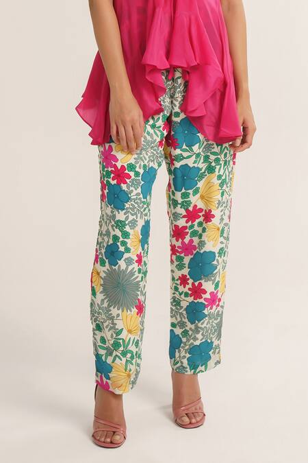 Vishala Shree_Pink Crepe Silk Print Floral Round Neck Azalea Asymmetric Top With Pant_Online_at_Aza_Fashions