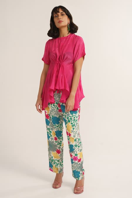 Shop_Vishala Shree_Pink Crepe Silk Print Floral Round Neck Azalea Asymmetric Top With Pant_Online_at_Aza_Fashions