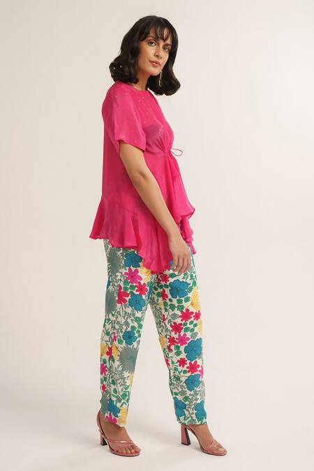 Vishala Shree_Pink Crepe Silk Print Floral Round Neck Azalea Asymmetric Top With Pant_at_Aza_Fashions