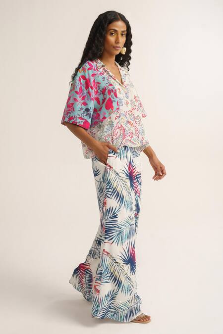 Shop Vishala Shree White Crepe Silk Print Floral Collared Neck Snowdrop Shirt With Pant Online at Aza Fashions Shop_Vishala Shree_White Crepe Silk Print Floral Collared Neck Snowdrop Shirt With Pant_Online_at_Aza_Fashions