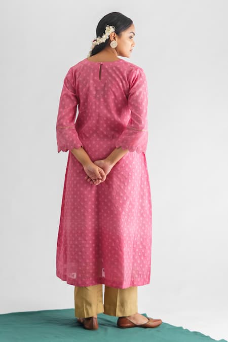 Shop Mushio Pink Chanderi , Satin, Madhurima Floral Motif Pattern Kurta With Pant at Aza Fashions Shop_Mushio_Pink Chanderi , Satin, Madhurima Floral Motif Pattern Kurta With Pant _at_Aza_Fashions