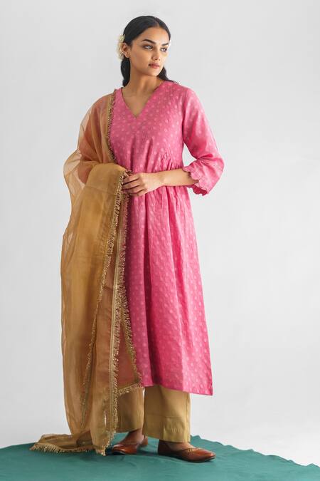 Mushio Pink Chanderi , Satin, Madhurima Floral Motif Pattern Kurta With Pant Online at Aza Fashions Mushio_Pink Chanderi , Satin, Madhurima Floral Motif Pattern Kurta With Pant _Online_at_Aza_Fashions