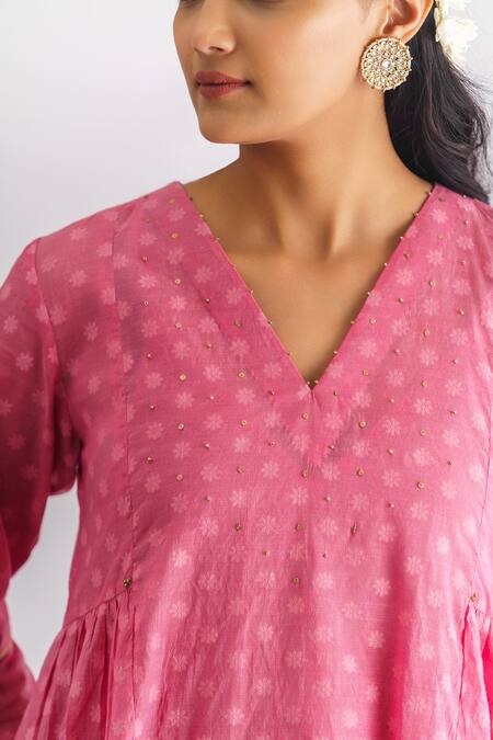 Mushio Pink Chanderi , Satin, Madhurima Floral Motif Pattern Kurta With Pant at Aza Fashions Mushio_Pink Chanderi , Satin, Madhurima Floral Motif Pattern Kurta With Pant _at_Aza_Fashions
