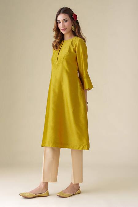 Mushio Yellow Chanderi Silk Embroidery Round Neck Sarang Kurta Online at Aza Fashions Mushio_Yellow Chanderi Silk Embroidery Round Neck Sarang Kurta _Online_at_Aza_Fashions
