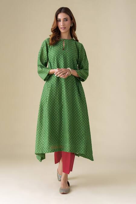 Mushio_Green Chanderi Silk Beads, Embroidery Round Neck Vrinda Kurta_Online_at_Aza_Fashions