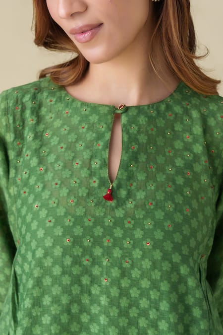 Shop_Mushio_Green Chanderi Silk Beads, Embroidery Round Neck Vrinda Kurta_Online_at_Aza_Fashions