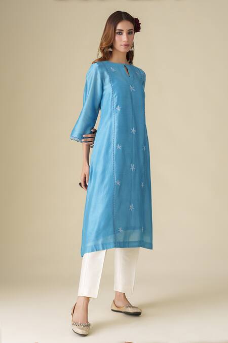 Mushio Blue Chanderi Silk Embroidery Round Neck Ujwala Kurta Online at Aza Fashions Mushio_Blue Chanderi Silk Embroidery Round Neck Ujwala Kurta _Online_at_Aza_Fashions