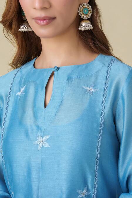 Shop Mushio Blue Chanderi Silk Embroidery Round Neck Ujwala Kurta Online at Aza Fashions Shop_Mushio_Blue Chanderi Silk Embroidery Round Neck Ujwala Kurta _Online_at_Aza_Fashions