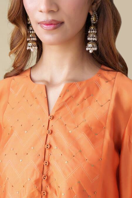 Shop Mushio Orange Chanderi, Silk Embroidery Split V-neck Sandhya Kurta Online at Aza Fashions Shop_Mushio_Orange Chanderi, Silk Embroidery Split V-neck Sandhya Kurta _Online_at_Aza_Fashions